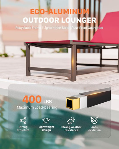 Chaise Lounge Chair Outdoor, Aluminum PatioChairs with 5 Adjustable Backrest and HeadrestPillows for Outside Beach，Red