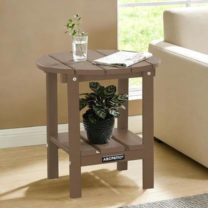 Outdoor Side Table Round - Patio Side Tables - HDPE Small Outdoor End Table for Backyard Pool Porch Balcony - Double Layer Storage - Light Brown (Wood Grain Finish)