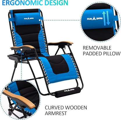 Amopatio Padded Oversized Zero Gravity Chair Set of 2 with Cup Holder, 30" Wide Folding Reclining Camping Lounge Chairs with Headrest/Footrest for Indoor and Outdoor, Support 400LBS,Blue
