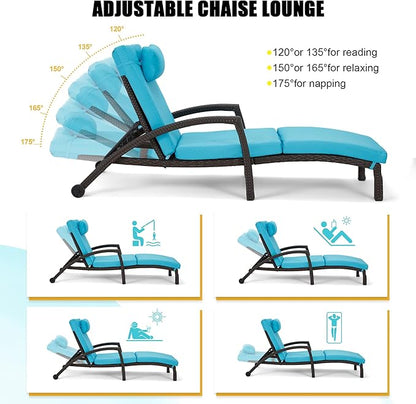 HOMREST Chaise Lounge Chairs Set of 4, PE Rattan Wicker Lounge Chair with Arm and Wheels for Poolside,Blue