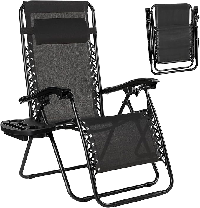 TLSUNNY Zero Gravity Chair Set of 2, Outdoor Folding Lounge W/Detachable Headrest & Holder Tray, Adjustable Textilene Lawn Reclining, No Assembly Required, for Patio, Garden, 330LBS (2, Black)