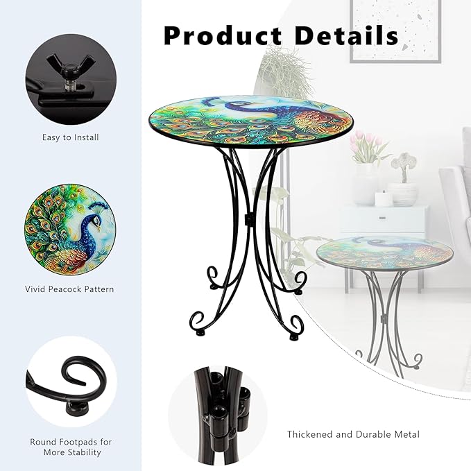 18 Inch Outdoor Side Table, Peacock Metal Accent Table, Indoor Small Round End Tables - Photo 4