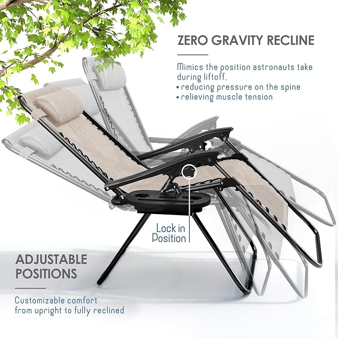 Nestl Zero Gravity Chairs Set of 2, Patio Lounge Chair Outdoor with Pillows & Cup Holder Trays - Photo 4