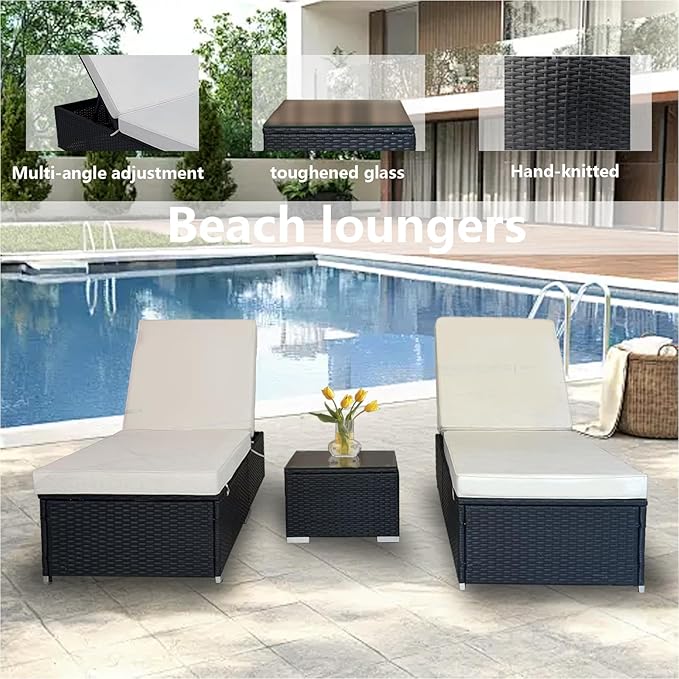 3 Piece Lounge Chair Outdoor, PE Wicker Rattan Chaise Lounge Chair with 5 Position Adjustable Backrest - Photo 2