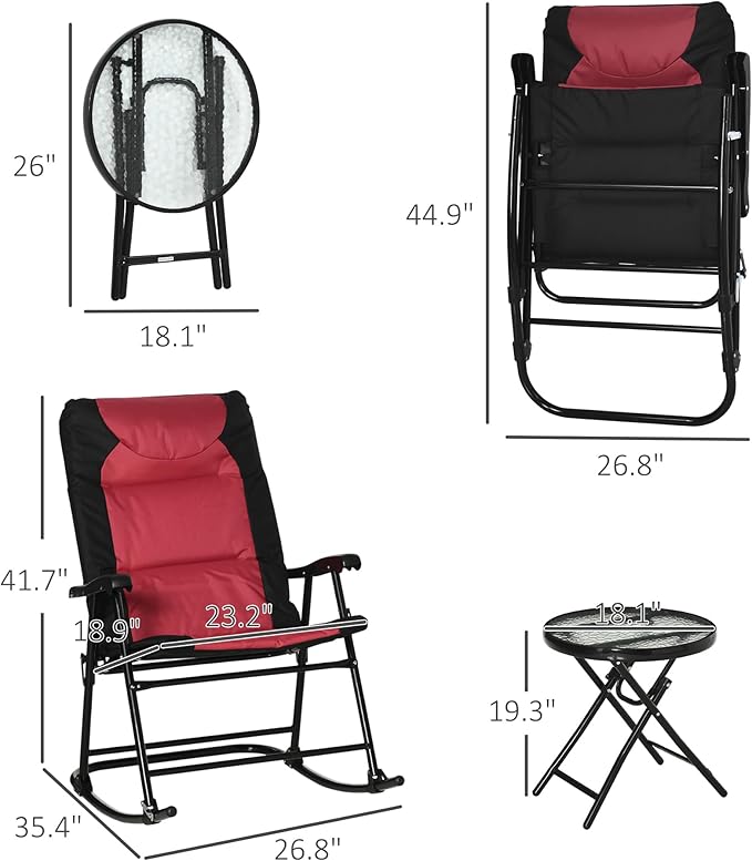 Outsunny 3 Piece Outdoor Patio Furniture Set with Glass Coffee Table & 2 Folding Padded Rocking Chairs, Bistro Style for Porch, Camping, Balcony, Red