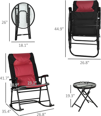 Outsunny 3 Piece Outdoor Patio Furniture Set with Glass Coffee Table & 2 Folding Padded Rocking Chairs, Bistro Style for Porch, Camping, Balcony, Red