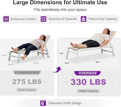 PURPLE LEAF Outdoor Oversized Chaise Lounge Set for Tall & Strong Individuals Adjustable Recliner Extra Wide Lounge Chairs with Side Table for Poolside Beach Patio Aluminum Chaise Lounger Khaki 2 Sets