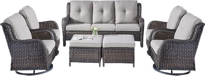 Rilyson Wicker Patio Furniture Set - 7 Piece Rattan Outdoor Sectional Conversation Sets with 4 Swivel Rocking Chairs,2 Ottomans and 1 Sofa for Porch Deck Garden(Brown/Grey)