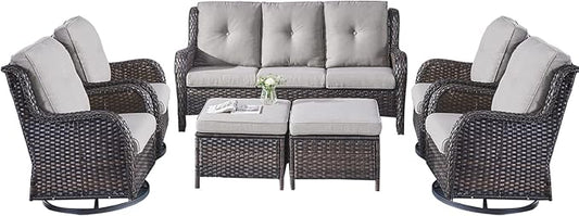 Rilyson Wicker Patio Furniture Set - 7 Piece Rattan Outdoor Sectional Conversation Sets with 4 Swivel Rocking Chairs,2 Ottomans and 1 Sofa for Porch Deck Garden(Brown/Grey)