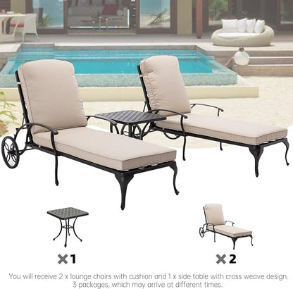 Chaise Lounge Outdoor Chair with Side Table, Adjustable Reclining Rust-Resistant Aluminum Cast Poolside Chaise with Convenient Wheels, Outdoor Lounge Furniture Set of 3, (Beige)