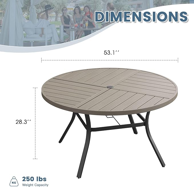 DIFY 53.1" Round Outdoor Patio Dining Table for 6-8, All-Weather Metal Steel Slatted Patio Table with 1.57" Adjustable Umbrella Hole, for Lawn Garden Porch Backyard, Grey Wood-Like