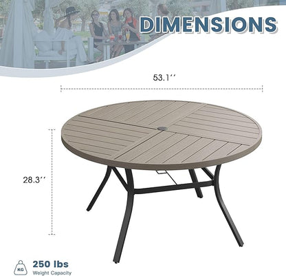 DIFY 53.1" Round Outdoor Patio Dining Table for 6-8, All-Weather Metal Steel Slatted Patio Table with 1.57" Adjustable Umbrella Hole, for Lawn Garden Porch Backyard, Grey Wood-Like