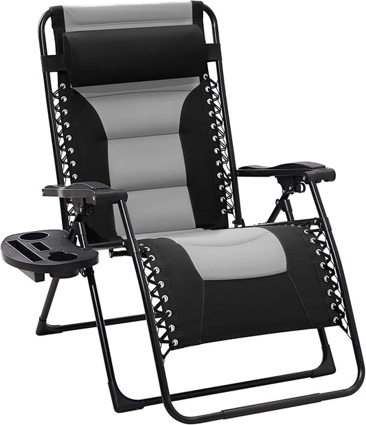 JEAREY Oversized Padded Zero Gravity Chairs, Folding Lounge Chair Outdoor Patio Recliner, Anti Gravity Chair for Backyard with Headrest, Cup Holder, Side Tray, Polyester Mesh - Black/Gray