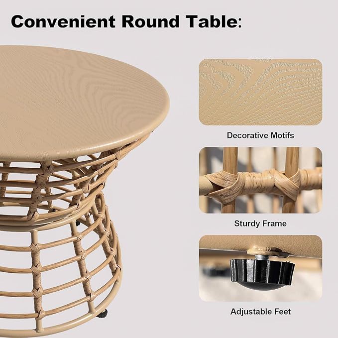 Swivel Chairs for Outside Patio Set of 3, 360 Degree Swivel Pe Wicker Luxury Lounger Chair with 20" Side Table - Photo 4