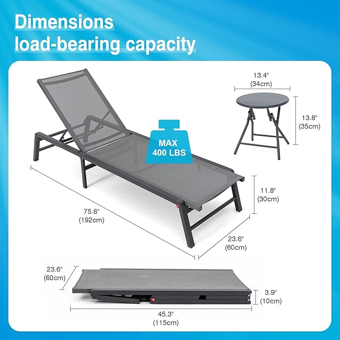 Aluminum Chaise Lounge Chair Outdoor, Foldable Patio Lounge Chair 2 Sets with Table Assemble-Free - Photo 2