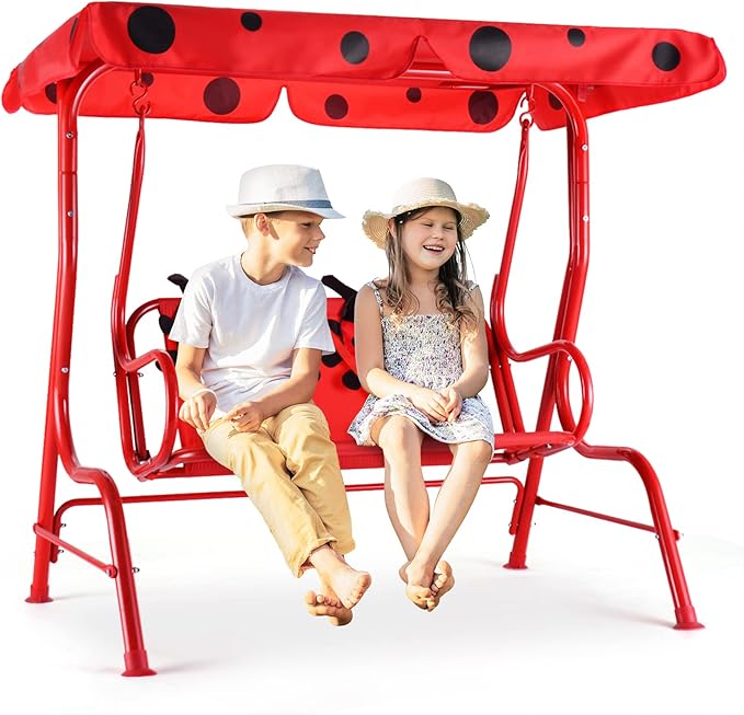 Costzon Kids Porch Swing, All-Weather Patio Swing Bench Hammock w/Adjustable Canopy & Safety Belts for 2 Children - Photo 1