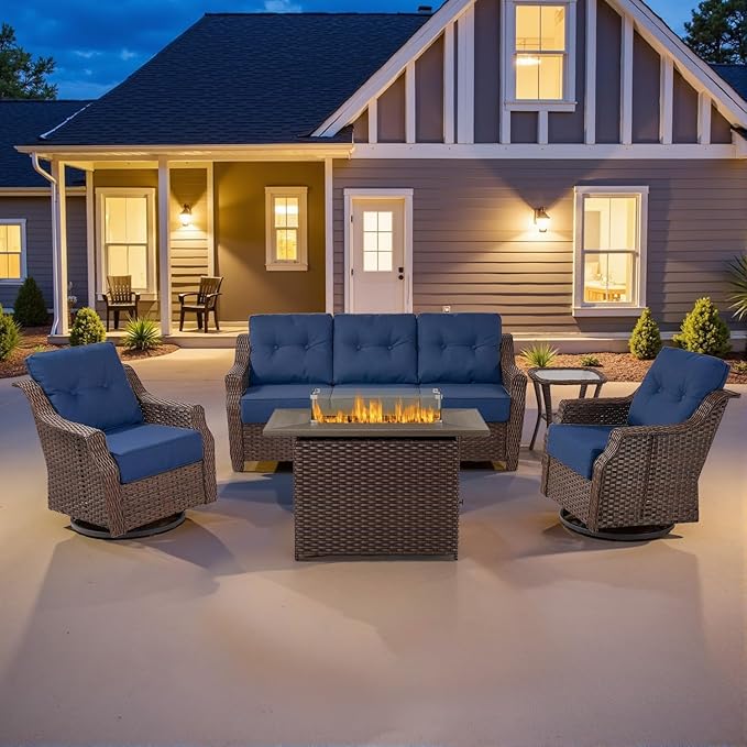 Belord Wicker Patio Furniture Set with 41” Fire Pit Table - Swivel Rocker Glider Outdoor Chairs with Sofa and Glass Top - Photo 1
