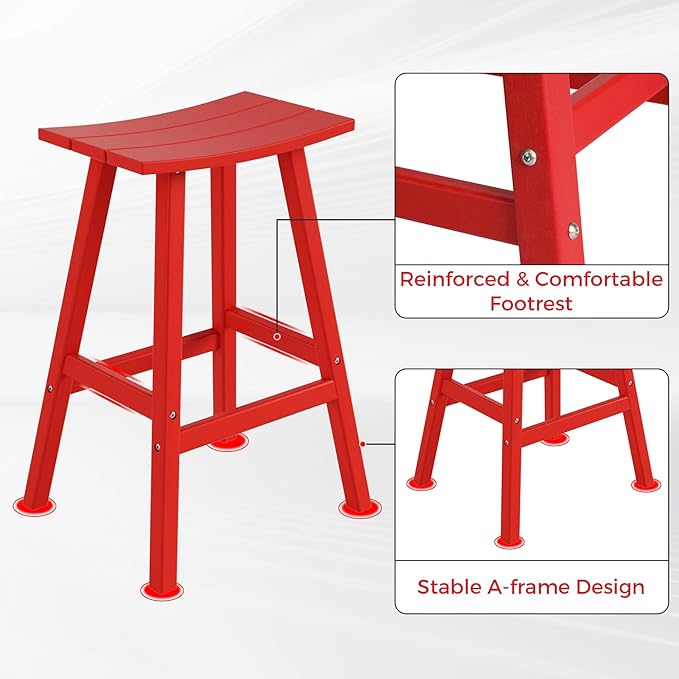 Costaelm All-Weather Bar Stools Set of 3, 29" Height Outdoor Bar Stools, Adirondack Poly Patio Bar Stool for Patio, Deck, Kitchen Counter and Garden, Red