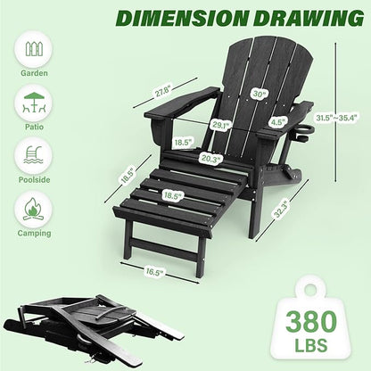 LOUNZY Folding Adjustable Adirondack Chair with Retractable Ottoman Set of 2,HDPE Recliner Adirondack Chair with Cup Holder for Deck Lawn Fire Pit,Black