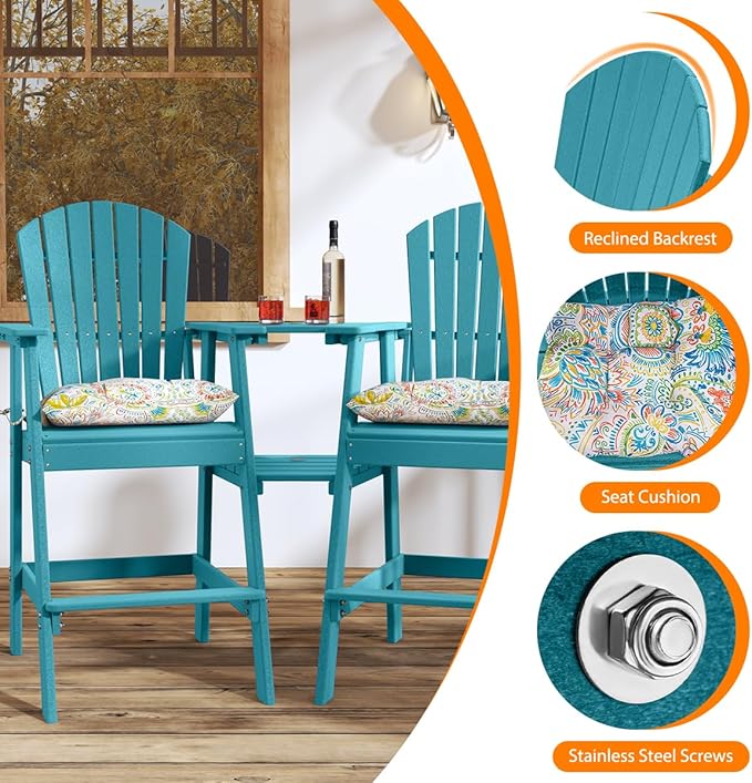 Sundale Outdoor Tall Adirondack Chairs Set of 2 with Table, Patio HDPE Bar Set, 3 PCS Counter Height Dining Bistro Set - Photo 4