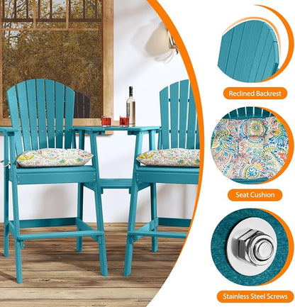 Sundale Outdoor Tall Adirondack Chairs Set of 2 with Table, Patio HDPE Bar Set, 3 PCS Counter Height Dining Bistro Set, Pub Table with Stools, 2 Umbrella Hole Caps, Teal