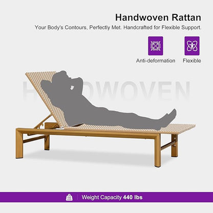 PURPLE LEAF Extra Wide Patio Chaise Lounge Set of 2 Outdoor Lounger French PE Rattan Lounge Chair with Reclining Adjustable Backrest for Pool Garden Beach and Backyard Light Brown
