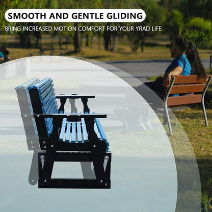 3-Seater Outdoor Glider Chair, 5FT Wood Porch Glider with High Roll Back, Cupholders and Deep Contoured for Porch, Garden, Dark Grey and Blue