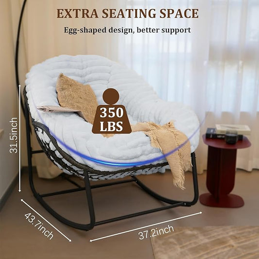 Outdoor Rocking Chair, Patio Wicker Egg Chair, Indoor Comfy Oversized Papasan Chair with Padded Cushion, Royal Rattan Rocker for Front Porch, Garden, Patio (White)
