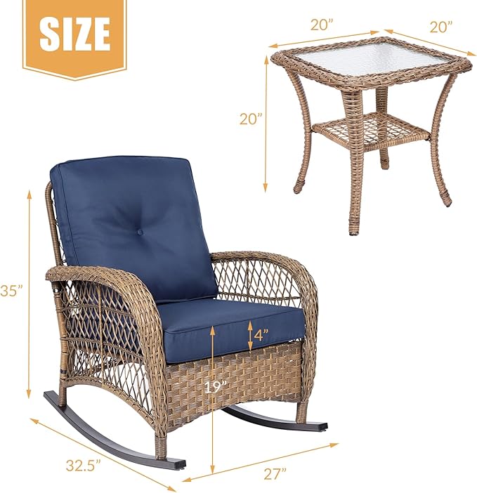 3 Pieces Outdoor Patio Bistro Rocking Chair Set, Rattan Patio Rocker Chairs Set with Cushions and Glass-Top Coffee Table - Photo 2