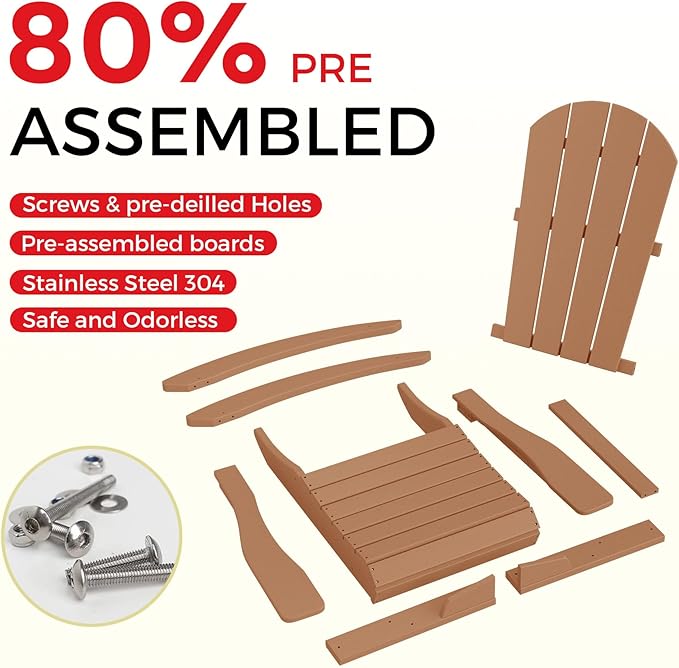 Costaelm Outdoor Adirondack Chair Set of 2, All Weather Resistant Classic Balcony Chair and Fire Pit Chairs, Adirondack Plastic Outdoor Porch Furniture Rocking Chair High Back HDPE Poly Lumber, Teak