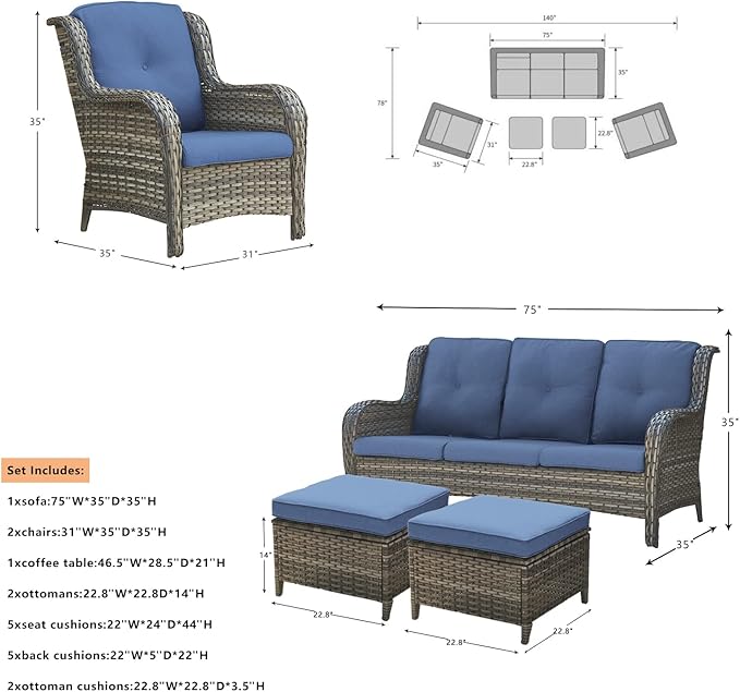 Outdoor Patio Wicker Furniture Set - 6 Piece Rattan Patio Conversation Sectional Sofa Set with 1 Couch, 2 Armchairs - Photo 3