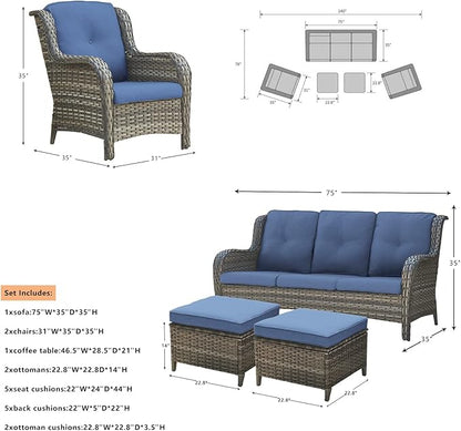 Outdoor Patio Wicker Furniture Set - 6 Piece Rattan Patio Conversation Sectional Sofa Set with 1 Couch,2 Armchairs,2 Ottomans and 1 Glass Top Coffee Table for Porch Deck Garden(Mixed Grey/Blue)