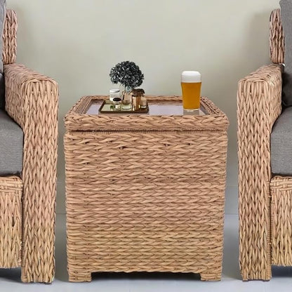 Laguna Point Outdoor Wicker Side Table, All-Weather HDPE Rattan Flip Top Storage Table with Tempered Glass, Patio Center Table for Pool Balcony, Tan