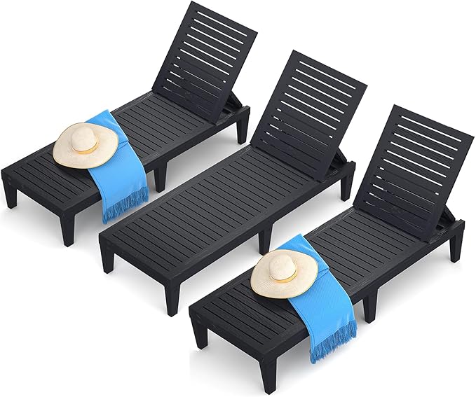 Chaise Lounge Chair Outdoor Set of 3 for Patio, Weather-Resistant Tanning Chair Recliner with Adjustable Backrest, Sun Lounger for Outside Deck, Pool, Poolside, Porch, Beach, Sunbathing, Black