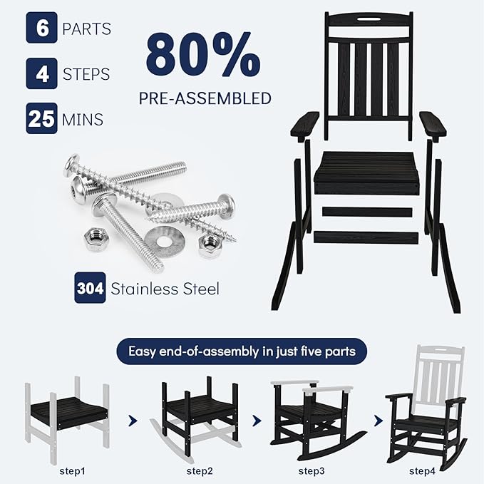 Plawdlik Oversized Rocking Chair Set of 2,HDPE All-Weather Outdoor Rocking Chair,Patio Rocking Chairs for Porch.Black