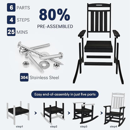 Plawdlik Oversized Rocking Chair,HDPE All-Weather Outdoor Rocking Chair,Patio Rocking Chairs for Porch.Black