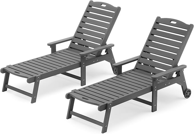 LUE BONA HDPS Chaise Lounge Chair Set of 2, Outdoor Pool Lounge Chairs with Adjustable Backrest, Resin Patio Lounge Chairs with Wheels for Outside, Dark Gray