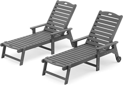 LUE BONA HDPS Chaise Lounge Chair Set of 2, Outdoor Pool Lounge Chairs with Adjustable Backrest, Resin Patio Lounge Chairs with Wheels for Outside, Dark Gray