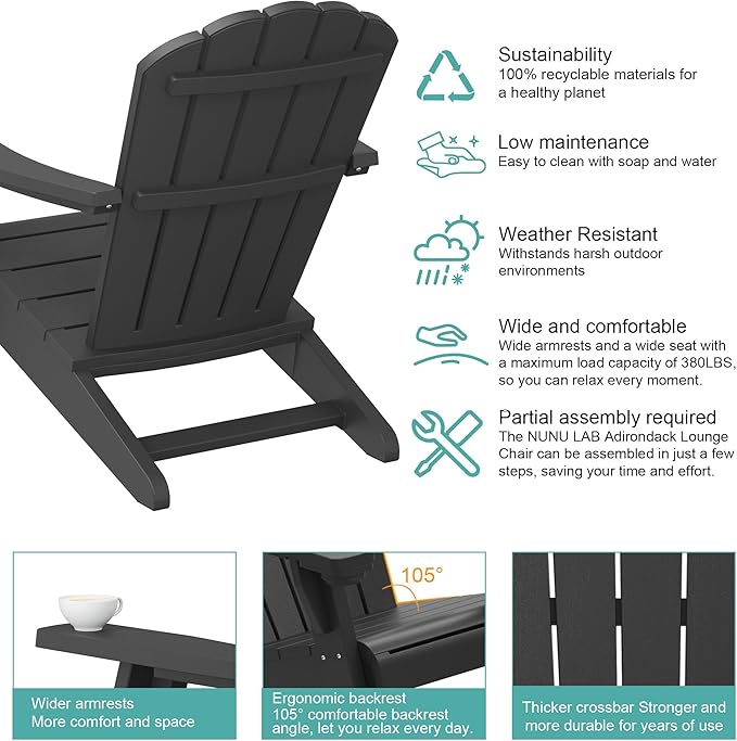 NUNU LAB Oversized Adirondack Chair Set of 6, Black HDPE Outdoor Chairs with Cup Holder, Weather Resistant Patio Lawn Chairs for Garden, Deck, Porch, Fire Pit Seating, Easy Assembly