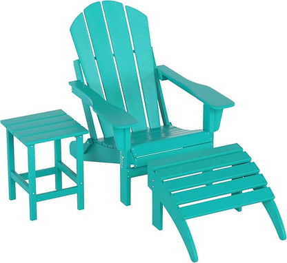 WestinTrends Malibu Outdoor Lounge Chairs, 3-Pieces Adirondack Chair Set with Ottoman and Side Table, All Weather Poly Lumber Patio Lawn Folding Chair for Outside Pool Garden Backyard, Turquoise