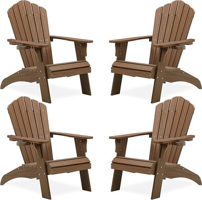Psilvam Oversized Adirondack Chair, Fade-Resistant & Odor-Free Poly Lumber Fire Pit Chair with Cup Holder, Weatherproof Lawn Chair, Easy 15 Min Install Patio Chair, 350 Lbs Support (4, Light Brown)