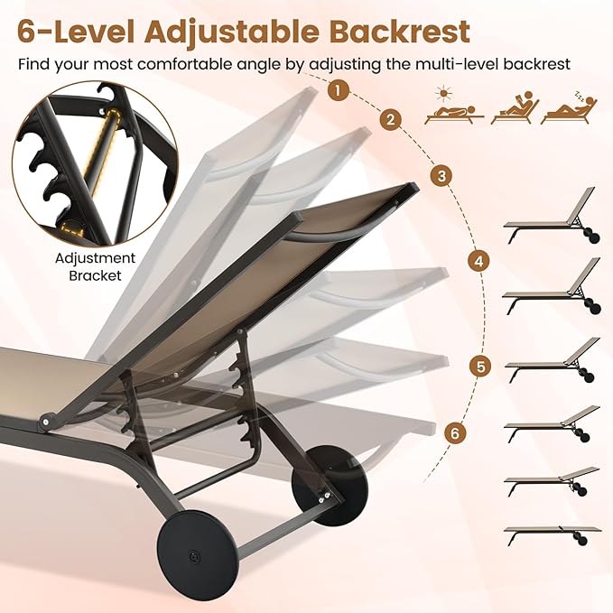 COSTWAY Outdoor Patio Chaise Lounge, 6-Position Adjustable Pool Lounger with Stable Aluminum Frame, Portable Sun Bathing Lounge Chair on Wheels for Backyard Garden, Brown