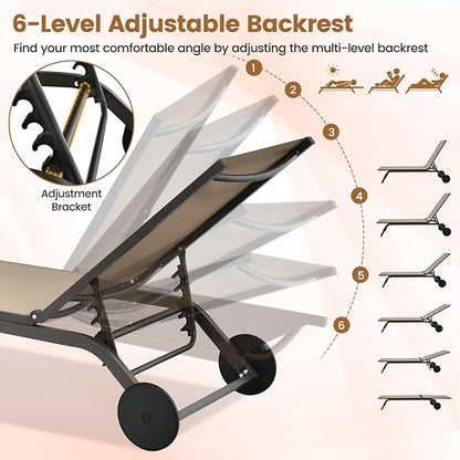COSTWAY Outdoor Patio Chaise Lounge, 6-Position Adjustable Pool Lounger with Stable Aluminum Frame, Portable Sun Bathing Lounge Chair on Wheels for Backyard Garden, Brown