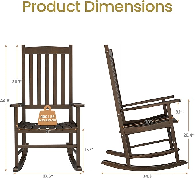 Nouva All-Weather Patio Rocking Chair, Solid Wood High Back Outdoor Porch Rocker Lounge Camping Chair for Porch Patio Fire Pit Garden Backyard Deck Poolside Lawn,Natural