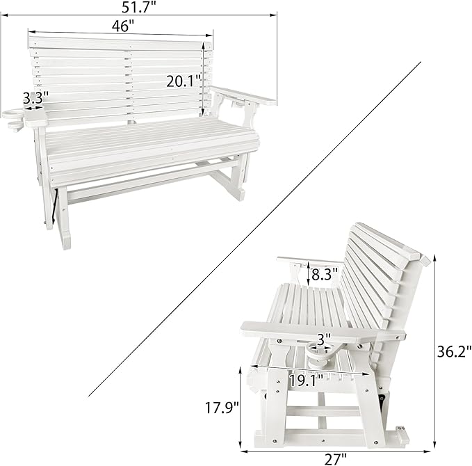 HDPE Patio Glider, Poly Lumber Weather-Resistant Outdoor Glider Bench, for Patio, Porch, Yard (Ivory White, 2-Seater)