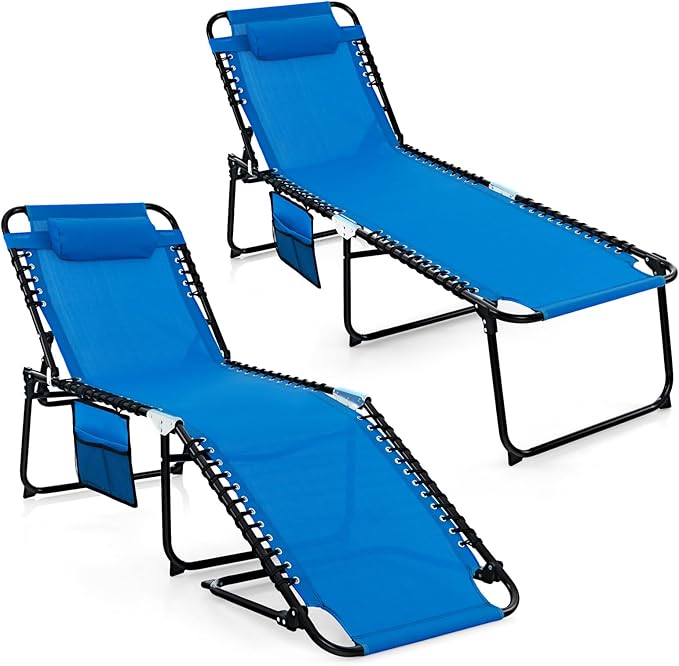 GYMAX Lounge Chairs for Outside, Extra High Folding Beach Tanning Lounger with Adjustable Backrest - Photo 1