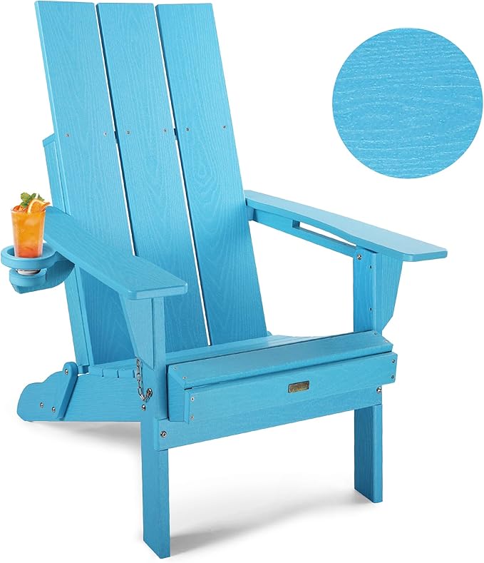 Adirondack Chair with Cup Holder: Folding Adirondack Chairs Plastic HDPE Material Furniture - Modern Composite Fire Pit Chairs Foldable for Outdoor/Backyard/Garden/Lawn/Deck/Porch/Patio