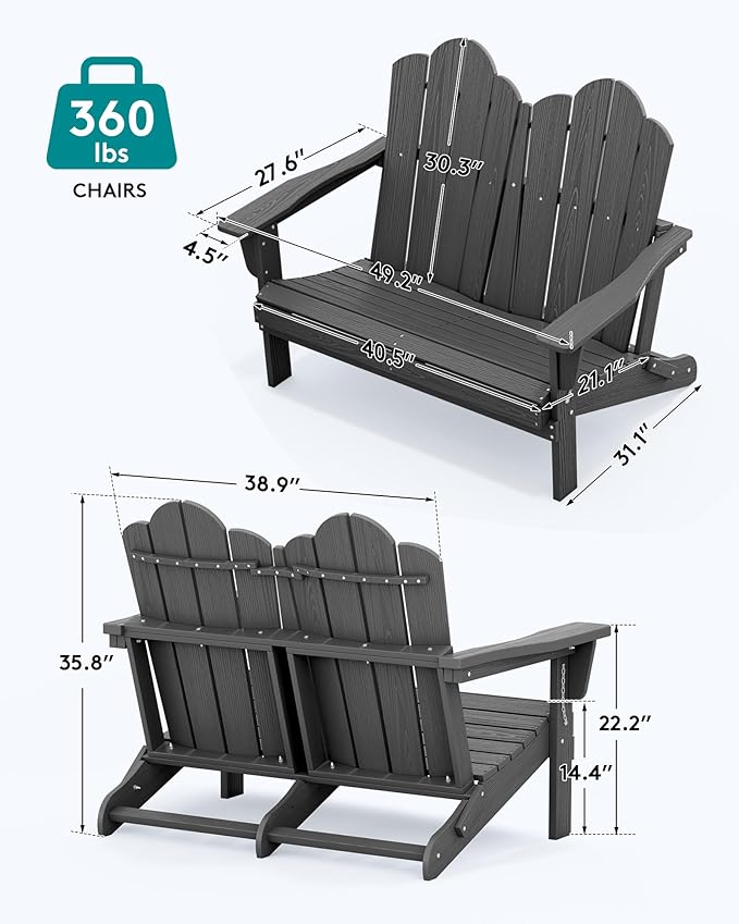 SERWALL Outdoor Patio Adirondack Set, 2 Folding Adirondack Bench & 1 Coffee Table with Umbrella Hole - Photo 3