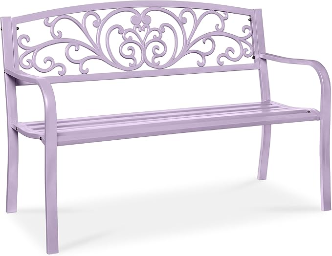 Best Choice Products Outdoor Bench Steel Garden Patio Porch Furniture for Lawn, Park, Deck w/Floral Design Backrest - Photo 1