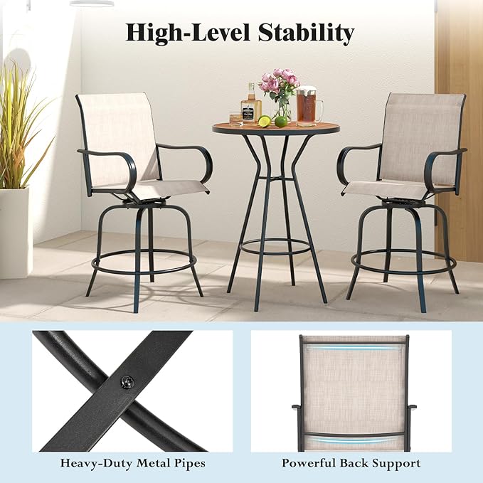 Tangkula Outdoor Swivel Bar Stools Set of 2, Bar Height Tall Patio Chairs with Armrests & High Back - Photo 8